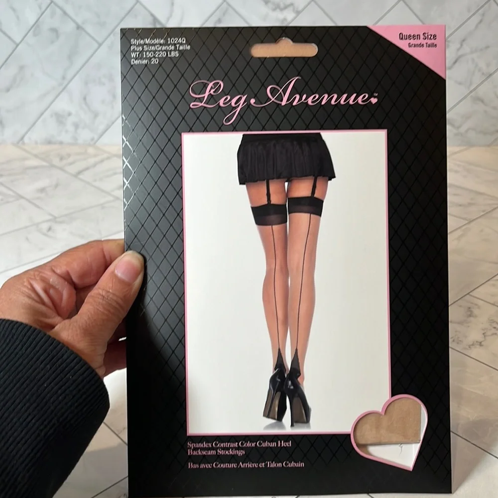 NWT Leg Avenue Spandex Contrast Color Cuban Heel Backseam Stocking PLUS … - Picture 2 of 6